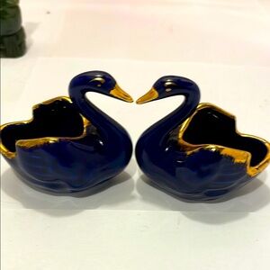 Royal Limoges Blue and Gold Ceramic Art Swans